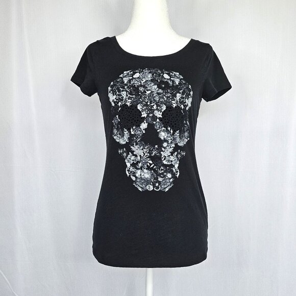 EXPRESS Skull T-Shirt with Sparkly Beaded Eyes, Halloween, Size S/P - Picture 2 of 7